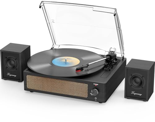 Trynnay Tocadiscos con Altavoces pasivos de estantería, Tocadiscos Bluetooth para Discos de Vinilo, 3 velocidades, Entrada Auxiliar inalámbrica, Conector para Auriculares y función de Parada