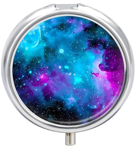 Pilulier rond violet ciel étoilé, portable à 3 compartiments, exquis pilulier en métal avec fermeture à pression, boîte de rangement pour tablette, sac à main, poche, voyage et utilisation quotidienne
