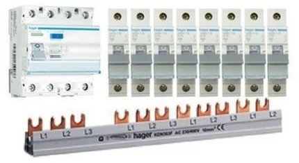 Hager tm: 1x fi cda440d 4 pin + 8x ls switch mbn116 1 sammelschiene set