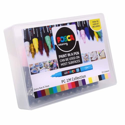POSCA PC-1M Extra-Fine Tip Acrylic Paint Marker Pens, 22 Standard Colours, For All Surfaces (Pack of 22 Pens)