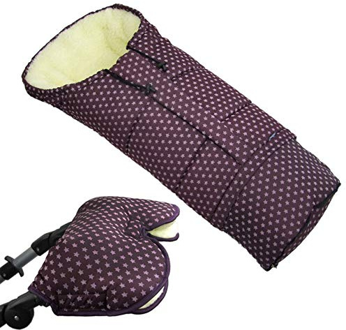 BAMBINIWELT KOMBI-ANGEBOT MUFF + Winterfußsack/MUMIE- aus Lammwolle für Kinderwagen, Buggy, Schlitten - STERNE BORDEAUX XX