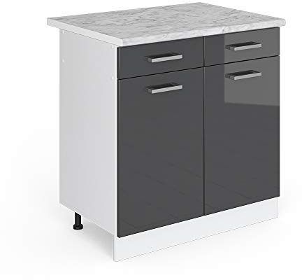 Vicco Küchenunterschrank R-Line, Anthrazit Hochglanz, 80 cm | 2 Schubladen · AP Marmor inkl. · Höhenverstellbare Füße · 2 Türen · ✓ Leichter Zugriff