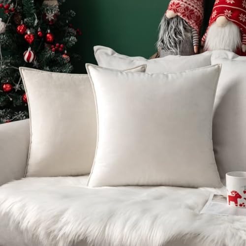 MIULEE 2er Set Samt Kissenbezug Flansch Kissenhülle Dekorative Sofakissen Dekokissen Umwickelte Kante Kissenbezüge Zierkissenbezug für Sofa Wohnzimmer Schlafzimmer 40x40 cm Reines Weiß