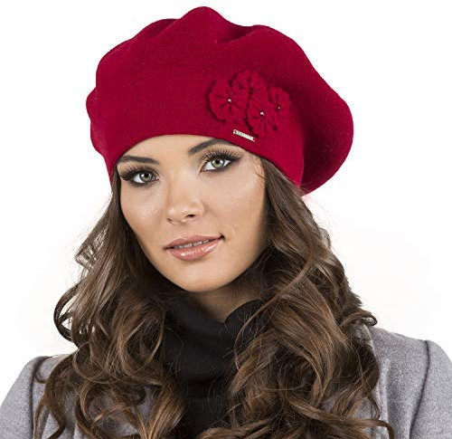 VIVISENCE Baskenmütze Damen Elegant Blume Warm Herbst Winter Accessoire 7006, Rot,Einheitsgröße