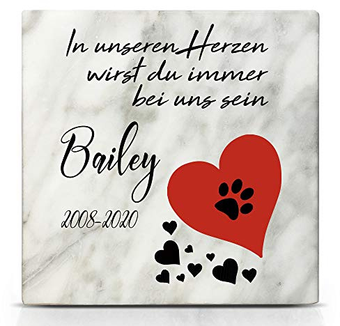 TULLUN Individueller Personalisierter Weißer Natur Marmor Gedenkstein für Hunde, Katze und andere Haustiere - Größe 10 x 10 cm - Rote Herz und Pfote