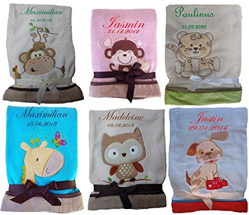 Babydecke Motiv Eule, Hund, Affe, Giraffe, Leopard mit Namen bestickt Geschenk Baby Taufe Geburt (beige Leopard)