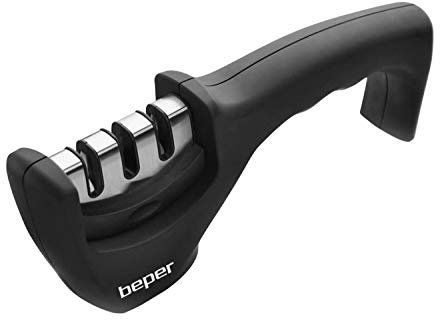 BEPER C107UTT001 Manual Knife Sharpener, ABS, 3 Layers of Sharpener, Diamond Disc, Tungsten, Ceramic, Ergonomic Grip, Non-Slip Base, Black