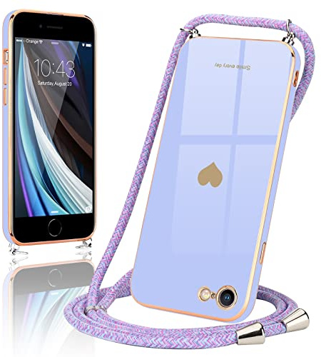 Wirvyuer Handyband Kompatibel mit iPhone SE 2022 Hülle, iPhone 7,iPhone 8,iPhone SE2020 Handyhülle mit Band zum Umhängen Kameraschutz Liebesherz Silikon Schutzhülle für iPhone 7/8/SE2020/SE2022 Lila