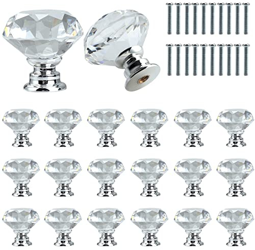 Roellgs 20 Pieces 30mm Clear Crystal Glass Diamond Door Handle with Screws, High Grade Light Luxury Handle Wardrobe Cabinet Drawer Handle Single Hole Handle Home Decor