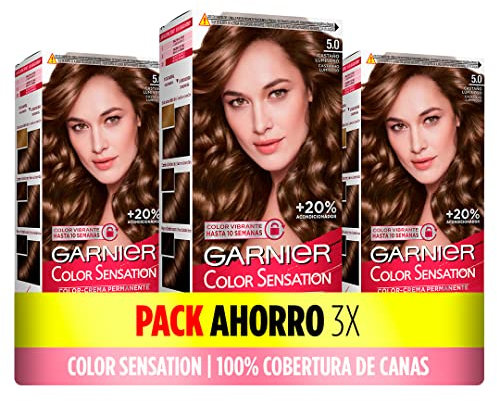 Pack de 3 Cajas de Coloración Color Sensation de Garnier: Color Vivo y Duradero, Cobertura Completa de Canas, Fácil Aplicación con Bol y Pincel, Cabello Suave y Sedoso, 5.0 Castaño Luminoso