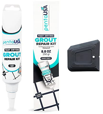 PentaUSA Dunkelgrau Fugenmörtel - Fugenkitt Reparatur Anthrazitgrau, Tube zum Reparieren und Erneuern, Reparaturset für Fugenmörtel - Restaurieren Von Kachelfugen, mit Spachtel (250 gr - Dunkelgrau)