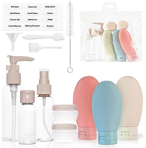 MyGadget Kit Viaje Avion [14 Piezas] - Botes y Frascos para Rellenar liquidos - Botellas para cosméticos - Set Toiletries de plastico para Viajar