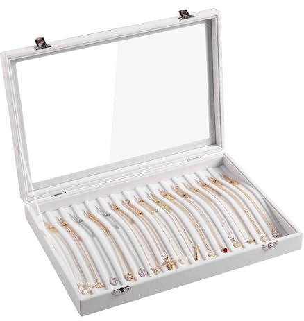 Frebeauty 15 Hooks Necklace Tray Velvet Neck Organiser with Clear Lid Lockable Necklace Holder Box Jewellery Organiser for Pendant Chains Necklace Jewellery Tray for Women Girls(White)