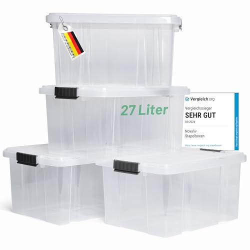 Novaliv 4x Aufbewahrungsboxen mit Deckel 27L transparente Nestbar stapelbare Storage boxes mit Clipverschluss Kunststoffbox BPA-frei 46,5x36,5x24 cm