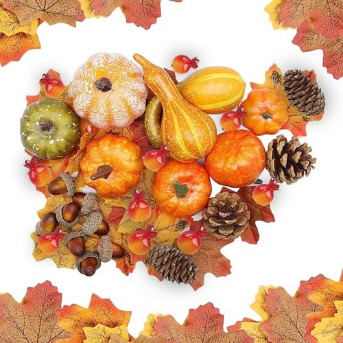 LYNBLY 96 Stück deko kürbisse, künstliche Kürbisse Deko, mini kürbisse Eicheln Kunstgemüse Seidenahornblatt, annenzapfen Herbst deko, für Halloween Thanksgiving Party innen Draussen Dekoration