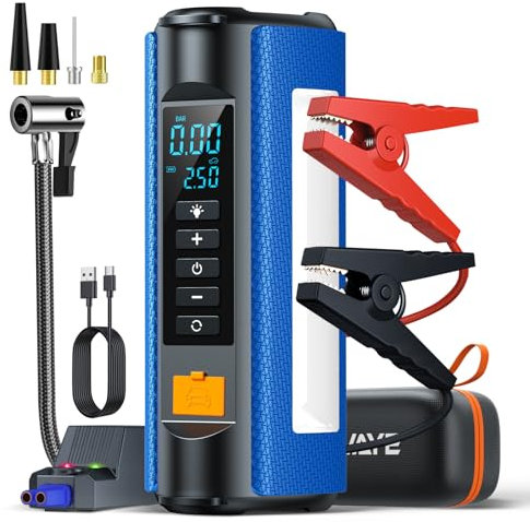 BUVAYE Starthilfe Powerbank,150PSI Kompressor,2000A Tragbare Starthilfe Auto für 7.0L Benzin und Alle Diesel,4-in-1Powerbank als Auto Starthilfe mit LCD Bildschirm,Starthilfe mit LED,Starthilfekabel