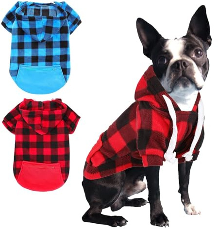 Sbayool Modisch Mittlere Hund Kapuzenpullis Set, 2 Stück Karomuster Hundebekleidung Mit Reißverschlusstasche, Rot Und Blau Hunde Hoodie for Große and Mittlere Hunde, 3XL