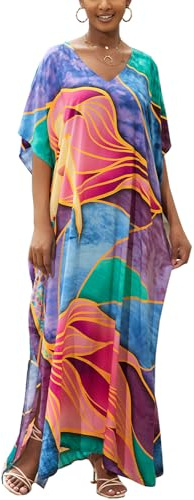 LikeJump Boho flerfärgad kaftan strandklänning bikini täckande kimono maxi kaftan plus size, C Rosa Blå, en storlek