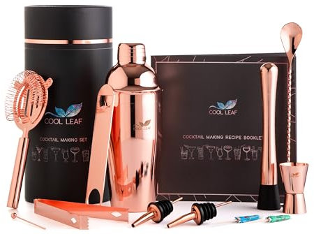 Cool Leaf Cocktail Making Kit with Gold Shaker, Bar Accessories & More - Gift Idea For Christmas or Birthday | Make Your Own Gin, Cocktails for Home Pub - 14 Piece Premium Gift Set for Men and Women