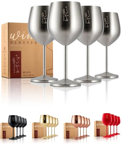 Gusto Nostro Stainless Steel Wine Glass - 18 oz - Cute, Unbreakable Wine Glasses for Travel, Camping and Pool - Fancy, Unique and Cool Portable Metal Wine Glass for Outdoor Events, Picnics (Set of 4)