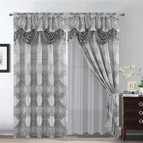 Petrichor Elegant Curtains with Gold Silver Threads 2 Panels Set - Luxury Window Treatment Attached Valance, Sheer Backing, and 2 Tie Backs for Bedroom and Living Room, 54x95 inches, Silver