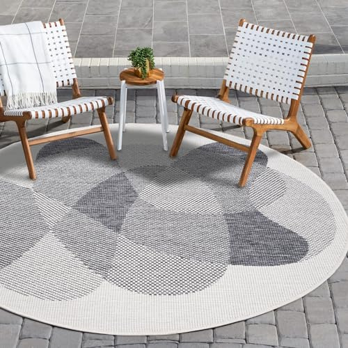 payé In- & Outdoor-Teppich - Grau Creme - 120x120cm Rund - Wendeteppich - Abstraktes Muster - Wetterbeständig für Balkon Terrasse - Indoor Teppiche Wohnzimmer Küche