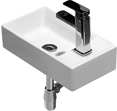 DDNGEJ Badezimmer-Waschbecken, weißes Porzellan-Waschbecken, wandhängendes Waschbecken, kleines Garderobenbecken, rechteckiges Keramik-Waschbecken-Set mit Wasserhahn und Abfluss