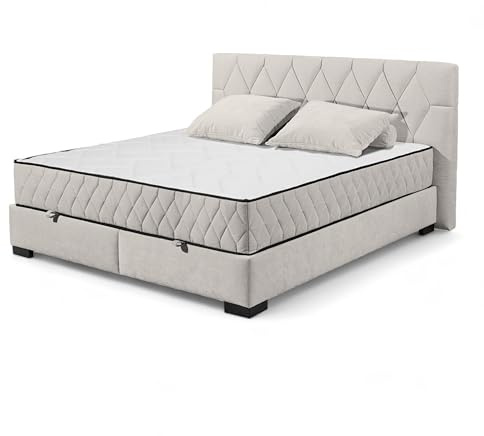 NAGOL B Boxbett 180x200, Sand - Bequemes Doppelbett mit Bettkasten und Premium 9-Zonen-Federkern Wendematratze - 205 x 114 x 214 cm (B/H/T)