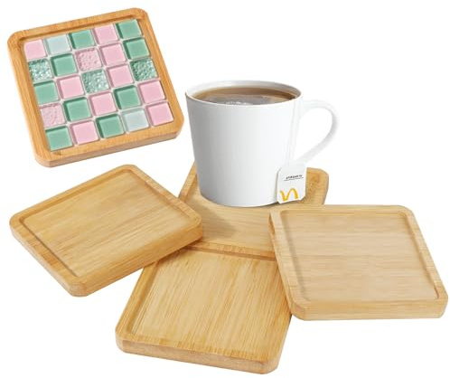 4 Piezas Bandeja de Bambú Cuadrada, Posavasos de Madera, Bandeja Decorativa para Cocina, Salón y Baño