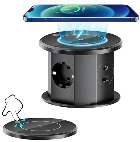 WildFun Prise électrique escamotable pour comptoir de Cuisine, multiprise rétractable encastrée, Prise cachée avec Chargeur sans Fil 15W 3 Prises CA, 1 Port USB-A et 1 Port USB-C