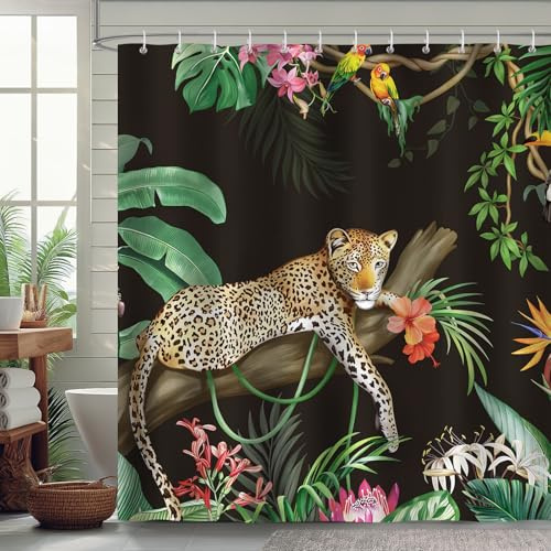 Bonhause Rideau de Douche Léopard Tropical Feuille de Palmier Noir Rideau de Bain Tissu Polyester Anti Moisissure Imperméable Lavable Rideaux Salle de Bain 180 x 180 cm avec 12 Crochets Baignoire