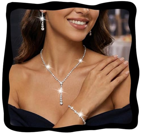 Unicra Juego de joyas de plata para novia, collar y aretes de boda con diamantes de imitación, juego de joyería formal de cristal para mujeres y novias, talla única, Metal, No es una piedra preciosa