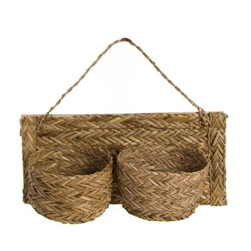 ROCKING GIFTS Macetero Doble Colgante para Pared de Mimbre de Alga Marrón, Cesta Decoración Boho Elegante Interior, Tiesto Planta Artificial