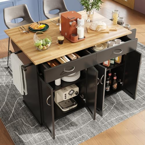 Îlot de Cuisine Moderne (106 × 50 × 90,5 cm), Meuble de Cuisine, Buffet, Chariot à Manger avec Grain de Bois, Buffet, Table à Manger multifonctionnelle avec Espace de Rangement, Noir