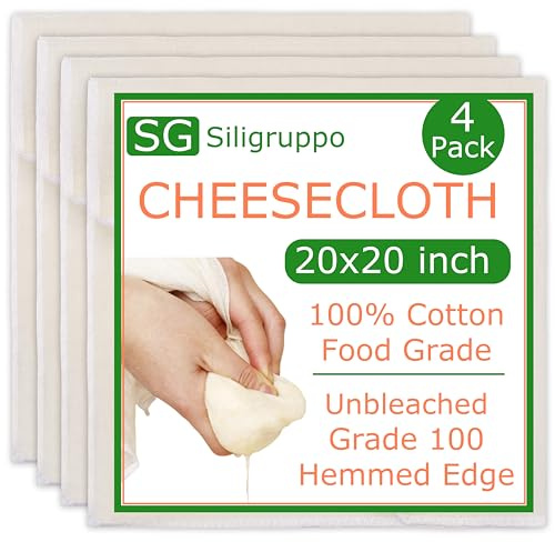 4-Pack Hemmed Cheesecloths - 20X20 Reusable Unbleached Cotton For Cheese Making, Nut Milk, Yogurt Straining & Crafts. Food-Grade, Pre-Cut With Reinforced Edges
