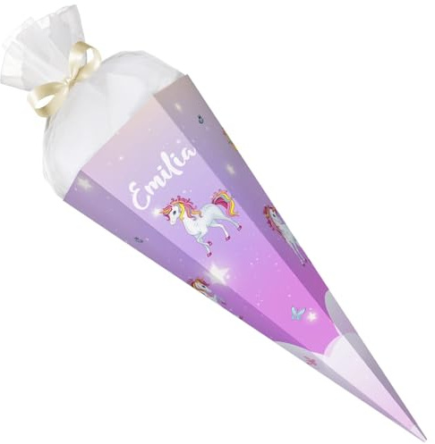 GRAVURZEILE - Bedruckte Schultüte - Einhorn Rosa - Personalisiert mit Namen - Geschenk zur Einschulung - Sechseckige Zuckertüte für Jungen & Mädchen - 61 cm mit Tüll-Verschluss - Farbe: Einhorn Rosa