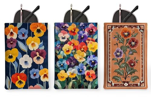 3 x Vintage-Blumen-Stiefmütterchen-Brillenbeutel, bunte, elegante Leder-Sonnenbrillentasche, tragbare Reiseaufbewahrung, Lesebrille, Bunt, 7x4.7 Inch, Stiefmütterchen