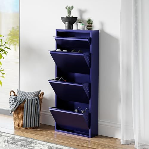 [en.casa] Schuhschrank Sokndal Schuhkipper mit 4 Klappen Metall Schuhkommode für 6 Paar Schuhe 118 x 50 x 15 cm Nachtblau