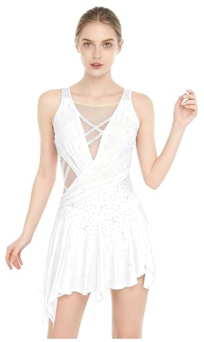 Runhomal Damen Ärmellos Kürkleid Glitzer Eiskunstlauf Kleider Mesh Spleiß Gymnastikanzug Turnanzug Mit Tutu Röckchen Tanzkostüm Ballettanzug Mit Wettkämpfe Bekleidung