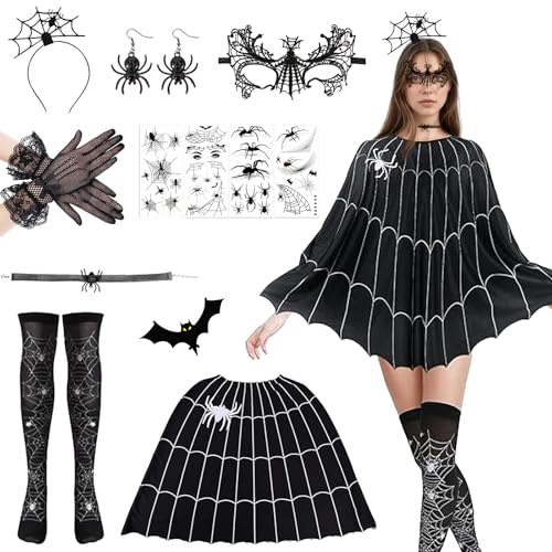 DAZZTIME Halloween Kostüm,Halloween Umhang,Schwarzer Umhang,Spinnen Kostüm,Spinnenumhang,Spinnennetz Poncho,Spinnennetz Kleid,Spinnenkostüm,für Karneval,Fasching,Mottoparty,Weihnachten