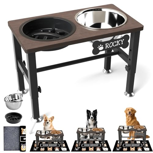 SHAINFUN Elevated Dog Bowls with Slow Feeder & Mat for Medium Large Dogs, Adjustable Height, Raised Dog Bowl Stand with 2 Stainless Steel 58oz Bowls, Tall Dogs Food Water Bowl Wooden & Metal Holder