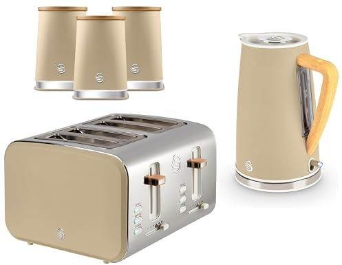 Swan Nordic Oatmeal Kettle, 4 Slice Toaster and Canisters. Scandinavian Inspired Design Minimalist Design Kitchen Set in Oatmeal Matt Finish, Stainless Steel Accents and Acacia Wood