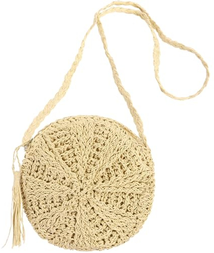 RUGBOL Straw Bag, Woven Tassel Bags Crochet Bag with Zipper and Adjustable Strap, for Beach Outdoor Travel Straw Handbag(Beige)