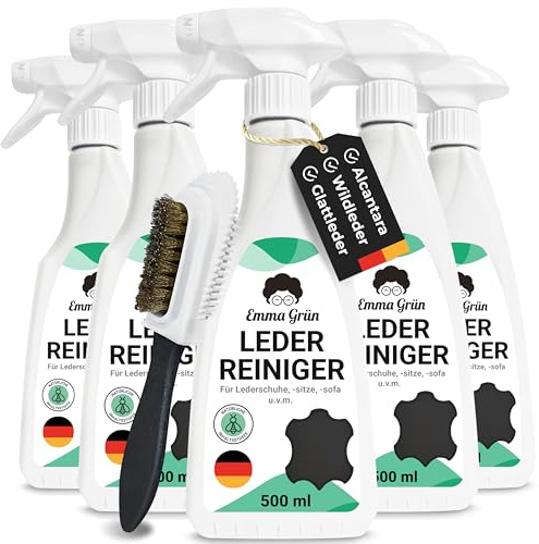 Emma Grün® Lederreiniger Auto & Alcantara Reiniger 5x 500ml [+WILDLEDERBÜRSTE] - Lederpflege Auto für Autositze - Kunstleder & Wildleder Reiniger - Leder Reinigung für Schuhe - Made in Germany