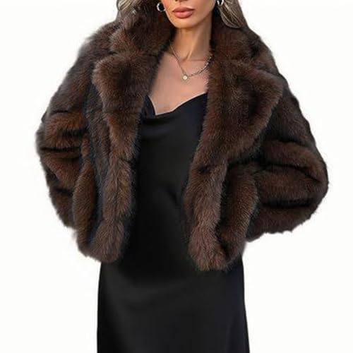 M&Catree Chaquetas con Solapa para Mujer, Manga Larga, Abrigo de Piel Sintética, Chaqueta de Felpa Cálida para Invierno - Café rojo, L