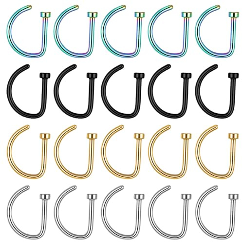 DOPENSPI 20 anelli per naso finto a forma di D, 8 mm, in acciaio inox, per naso, labbra, setto artistico, per uomo e donna, colore: argento/oro/nero