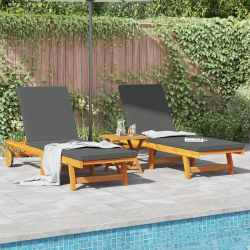 JHQHSM Set di 2 sedie a sdraio regolabili con ruote e cuscini in legno massello di acacia per terrazza, giardino, balcone, resistente alle intemperie, per esterni, con rivestimenti rimovibili