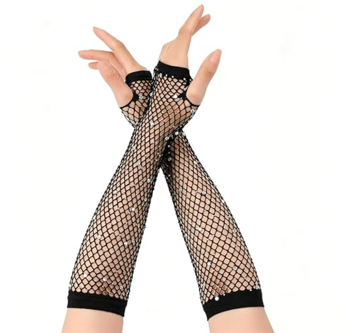 Netzhandschuhe Schwarz Damen Fingerlose Handschuhe Lang Kurz Set 80er 90er Jahre Accessoires Outfit Party Karneval Fasching Cosplay Halloween Gothic Emo Armstulpen Elastisch Netz Stulpen Frauen