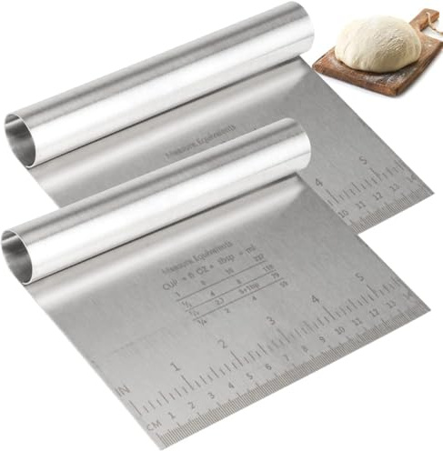 Pack of 2 Dough Cutter, Stainless Steel Bench Scraper for Bread | Chopping Board Scraper with Handle and Measuring Scale, Kitchen Cutter, Baker's Knife for Pizza Dough, Cake, Cake