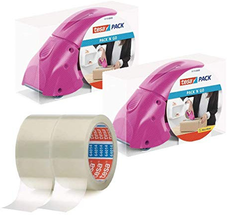 tesapack Abroller Pack' n' Go - Ergonomischer, pinker Handabroller für Paketbänder - Inklusive 50 m x 48 mm Klebeband (2 Abroller + 2 Rollen)